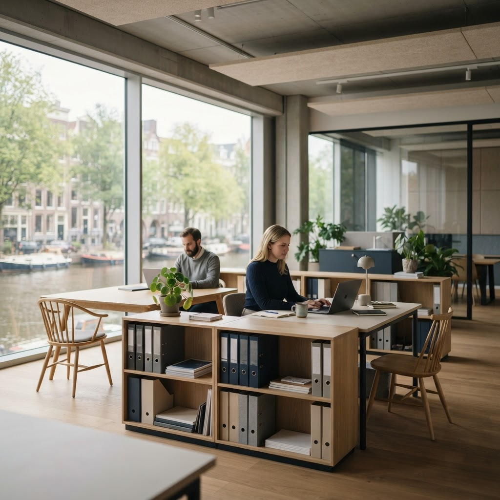 Modern kantoor met overzichtelijk geordende documentatie en handboeken